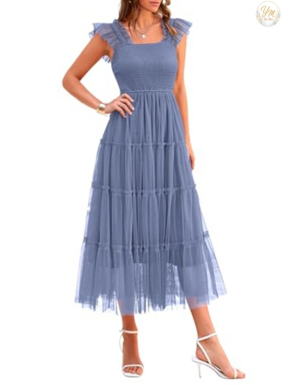 Women's Smocked Midi Tulle Dress Sleeveless Square Neck Fit & Flare Swing